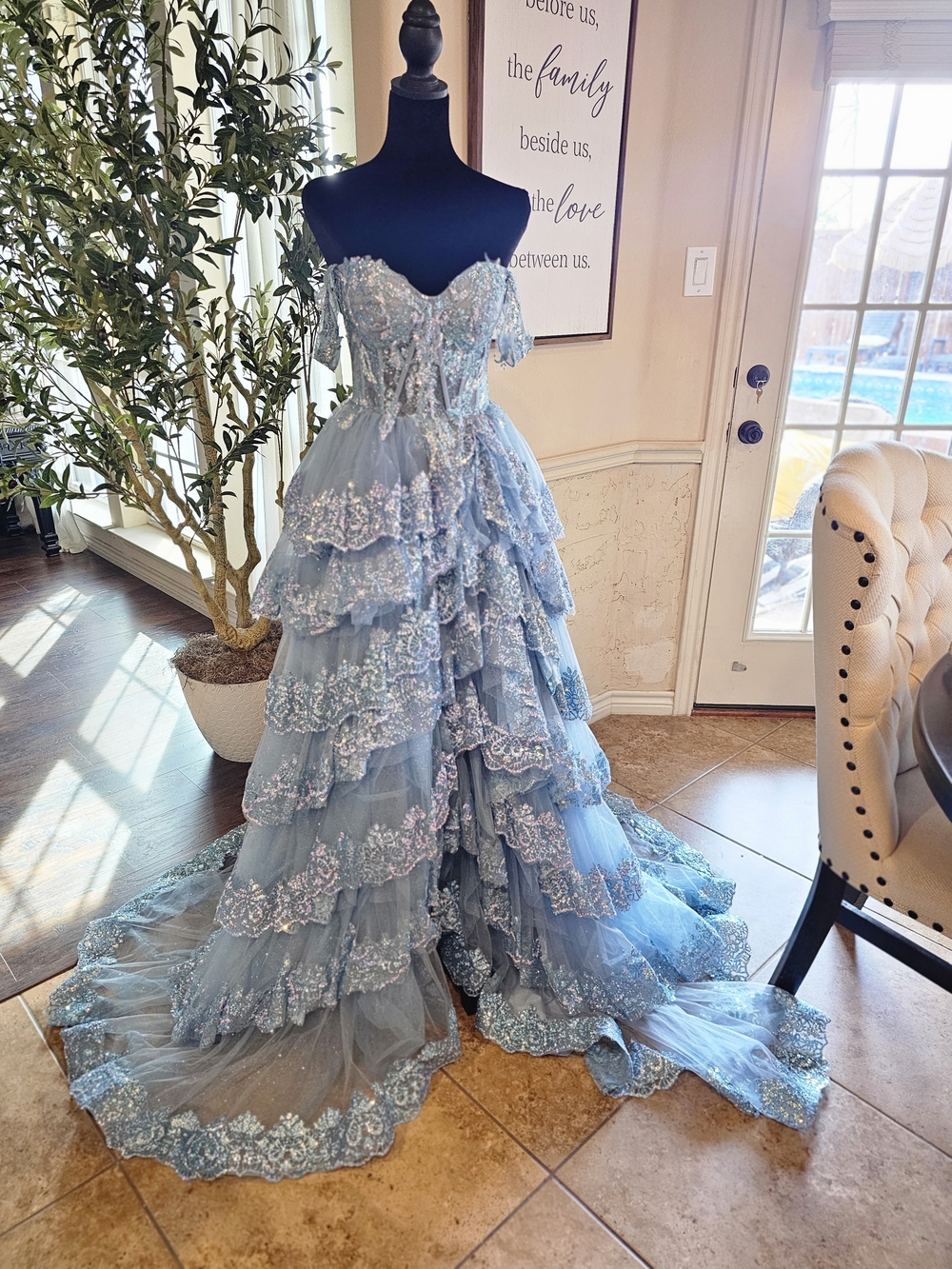 Light Blue Off-Shoulder Tiered Lace Prom Gown